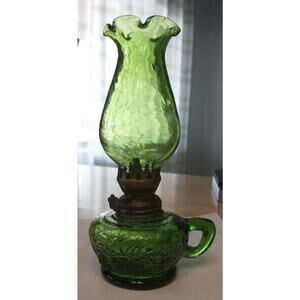 Mid Century Vintage Miniature Green Glass Oil Lamp Lantern 7 3/4" Fruit Design